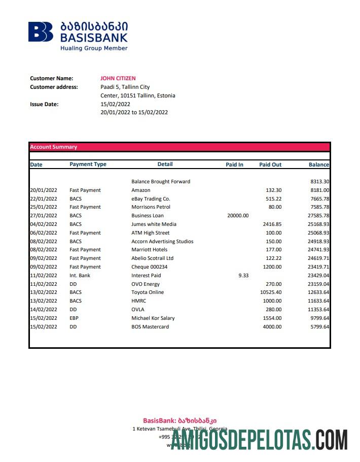 Georgia Basis Bank Statement Xls amostra